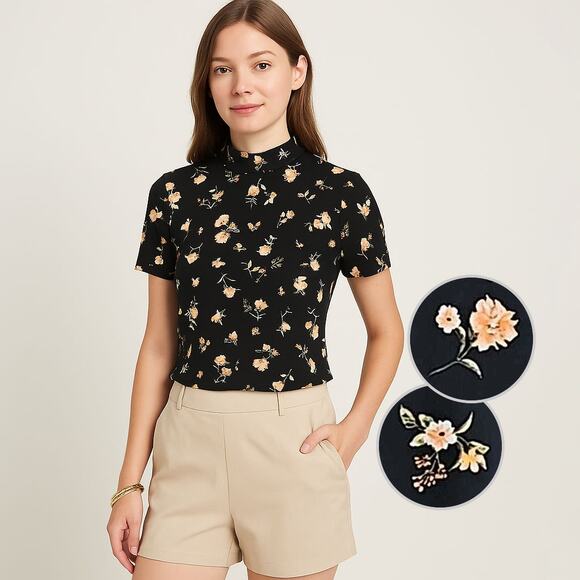 Belle Tweed Tops - Mock Neck Form Fitting Short Sleeve Top Sz Large
